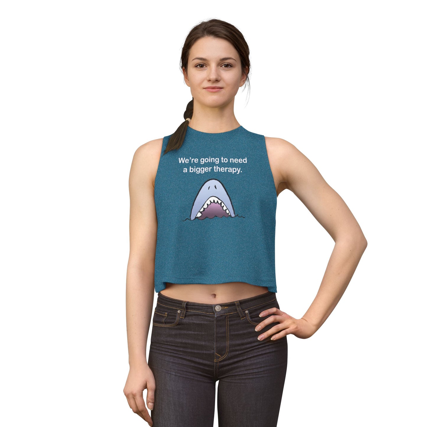 Shark Therapy Crop Top – "We're Going to Need a Bigger Therapy" Womens Graphic Tank