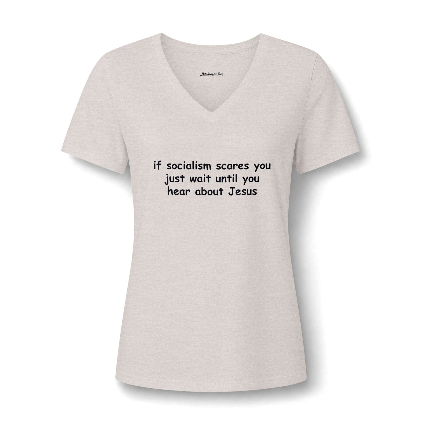 Women's V-Neck Tee — Socialist Jesus Ironic Graphic Shirt
