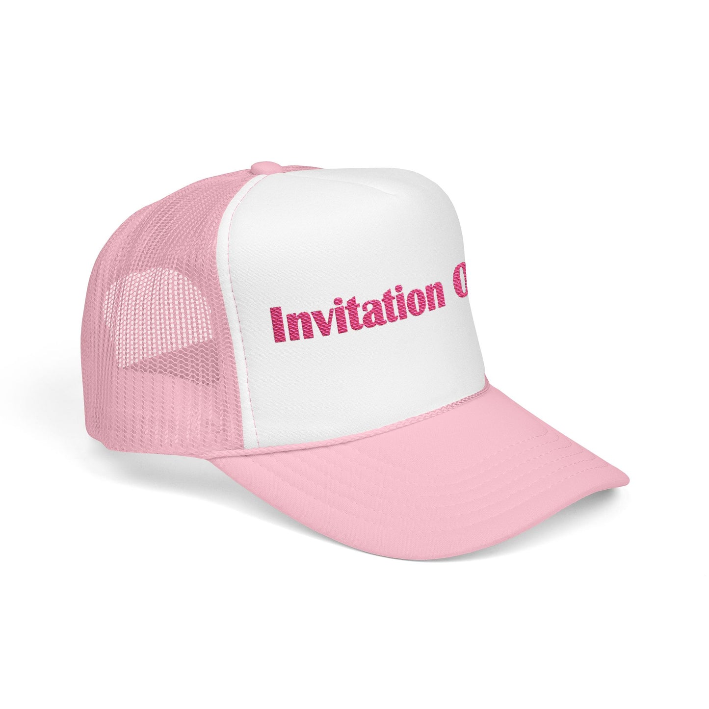 Invitation Only Trucker Hat — Pink Text Foam Cap