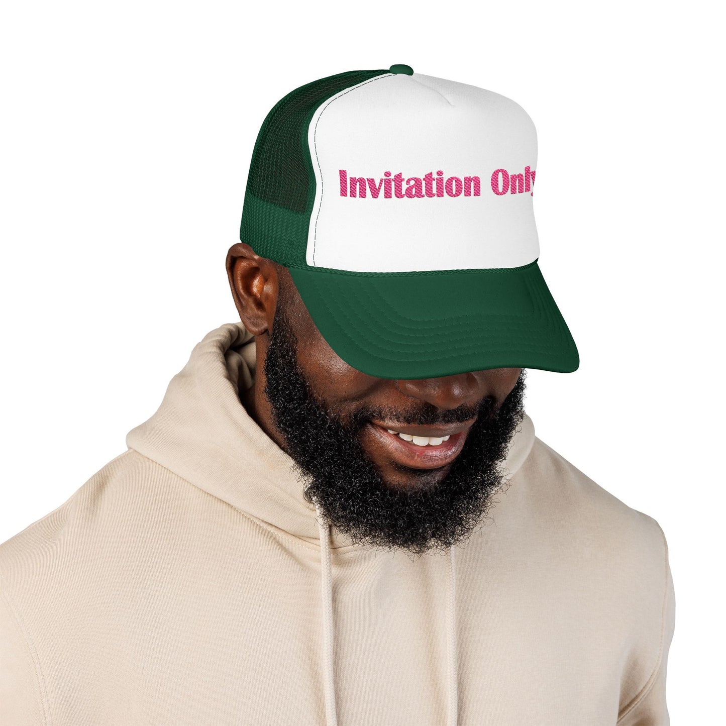 Invitation Only Trucker Hat — Pink Text Foam Cap