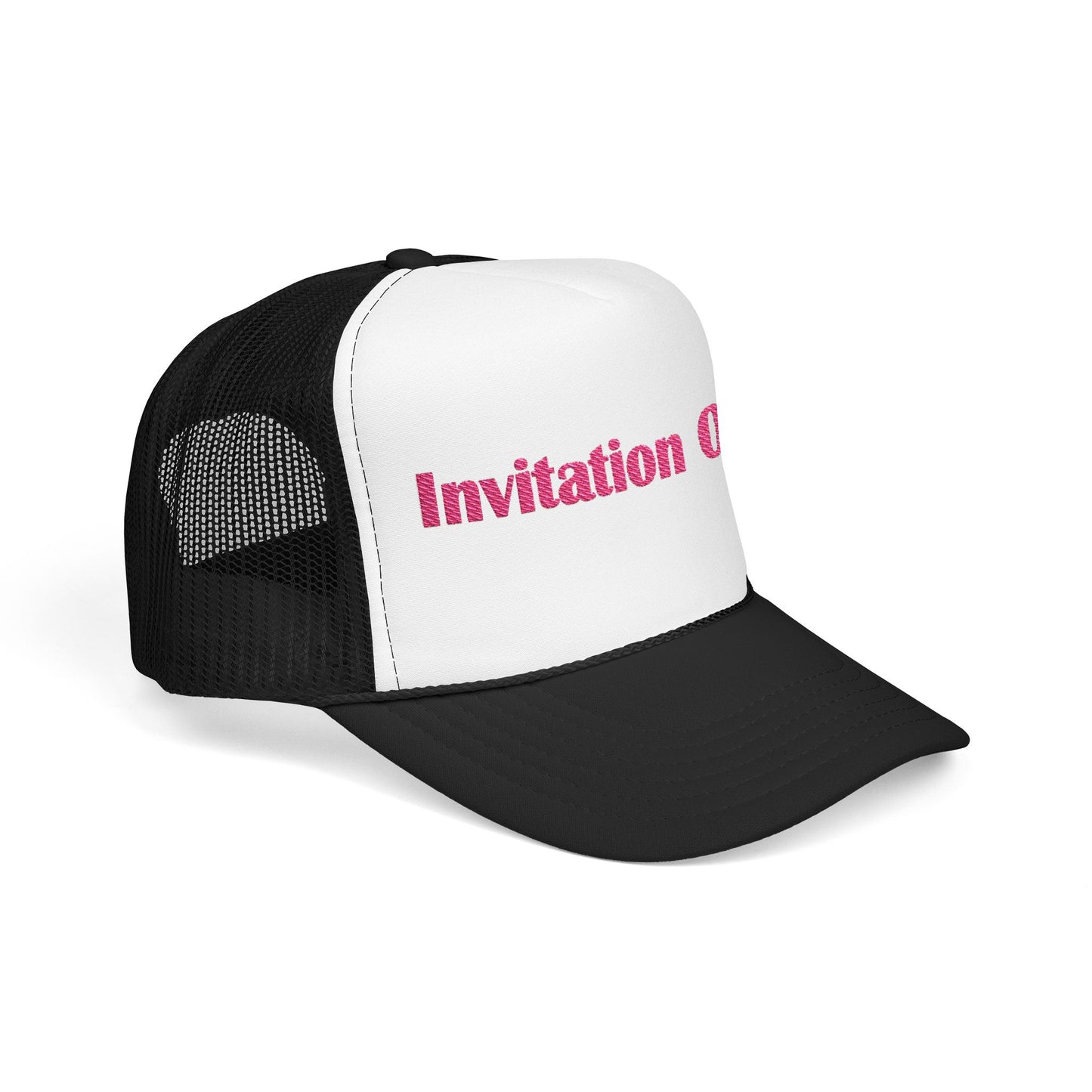 Invitation Only Trucker Hat — Pink Text Foam Cap