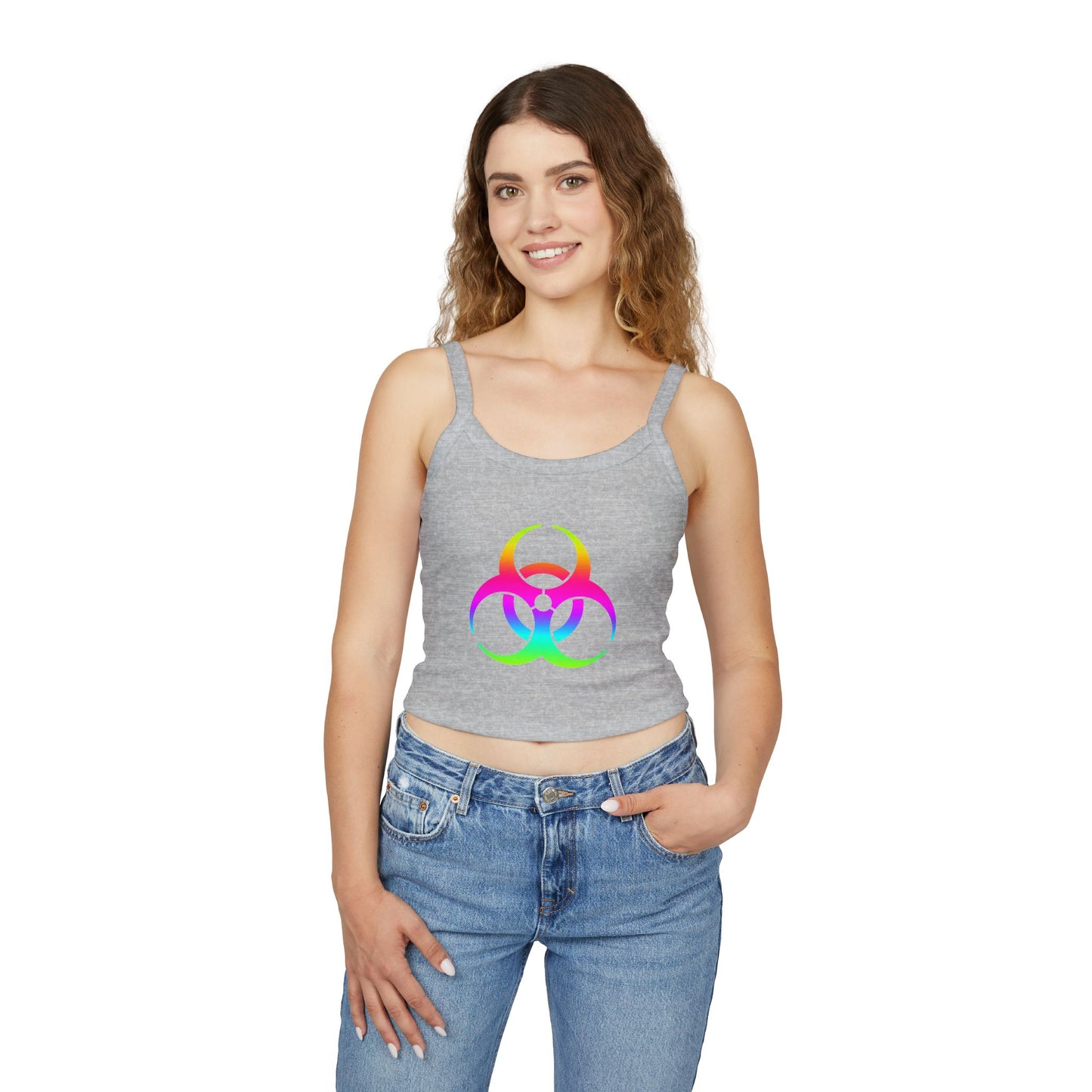 Rainbow Biohazard Crop Tank Top – Neon Hazard Symbol Spaghetti Strap