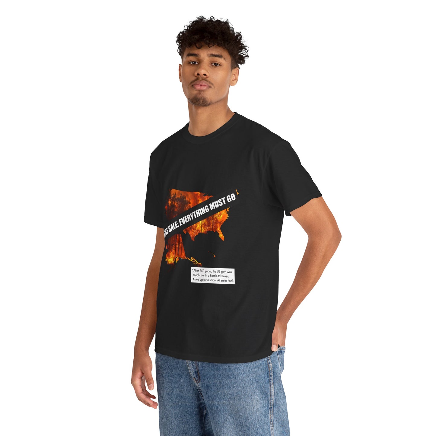 250th anniversary T-Shirt — USA on Fire Graphic Tee with “Fire Sale: Everything Must Go” Text