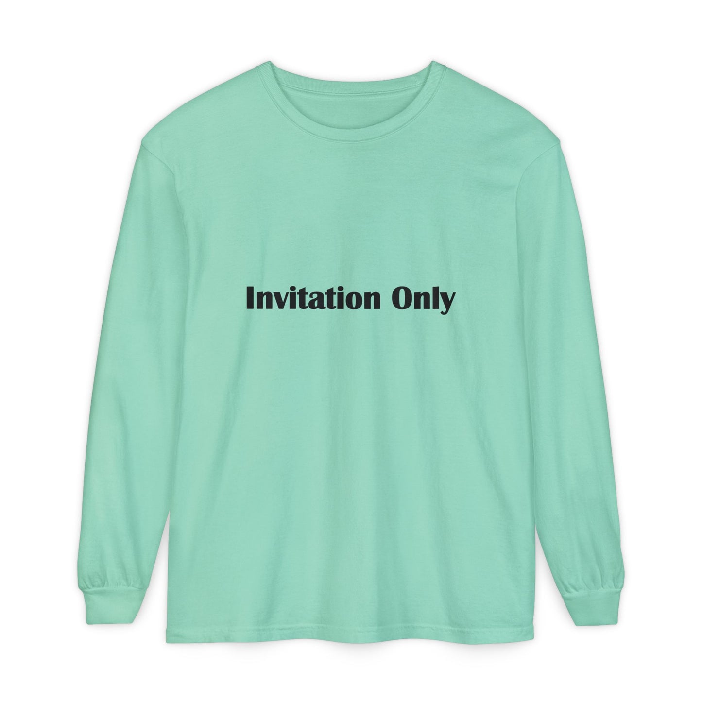 Invitation Only Long Sleeve Tee — Minimal Pink Text Graphic