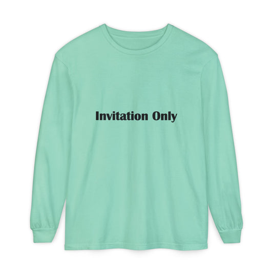 Invitation Only Long Sleeve Tee — Minimal Pink Text Graphic