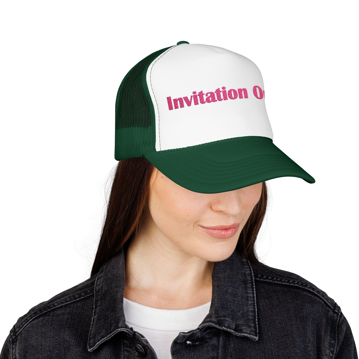Invitation Only Trucker Hat — Pink Text Foam Cap