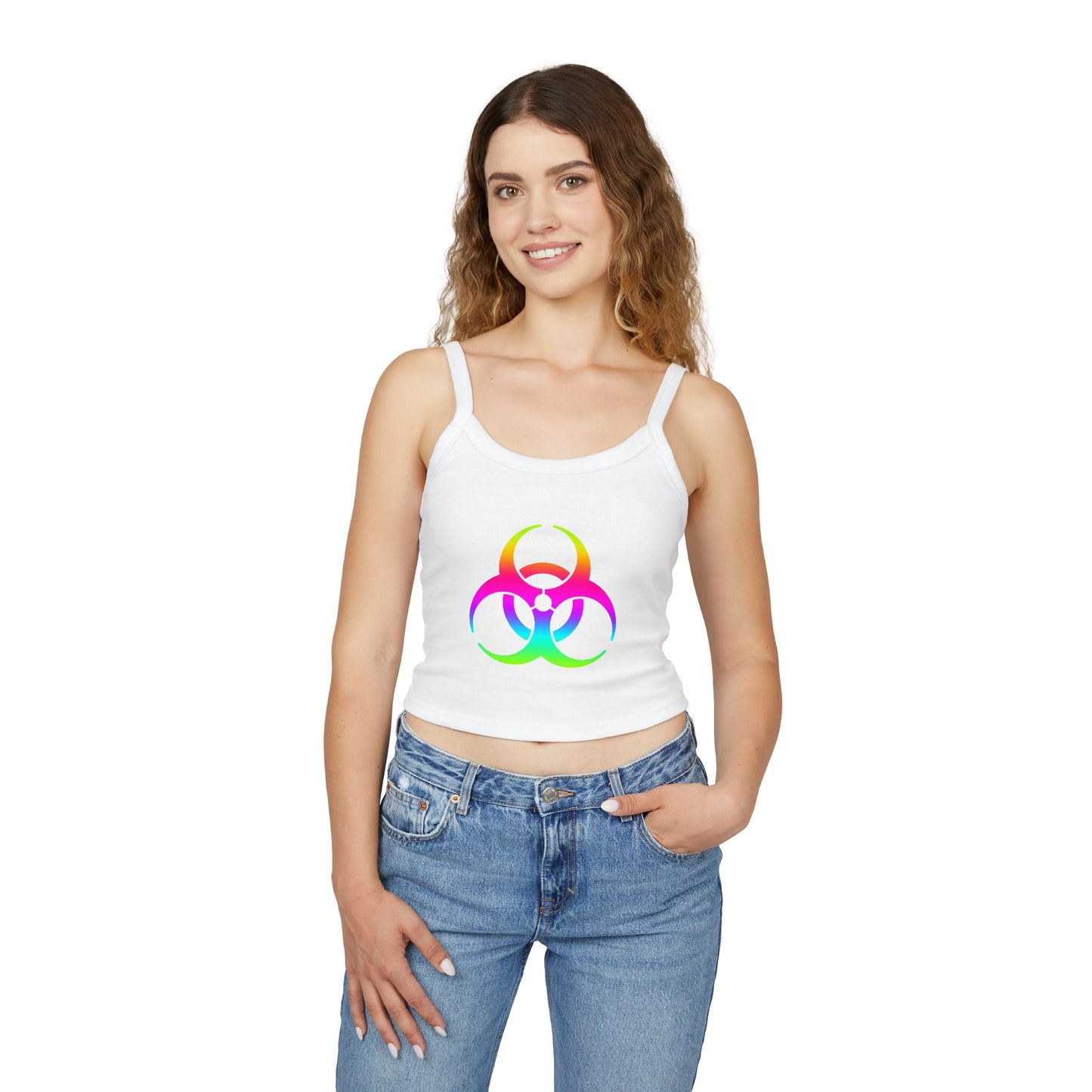Rainbow Biohazard Crop Tank Top – Neon Hazard Symbol Spaghetti Strap
