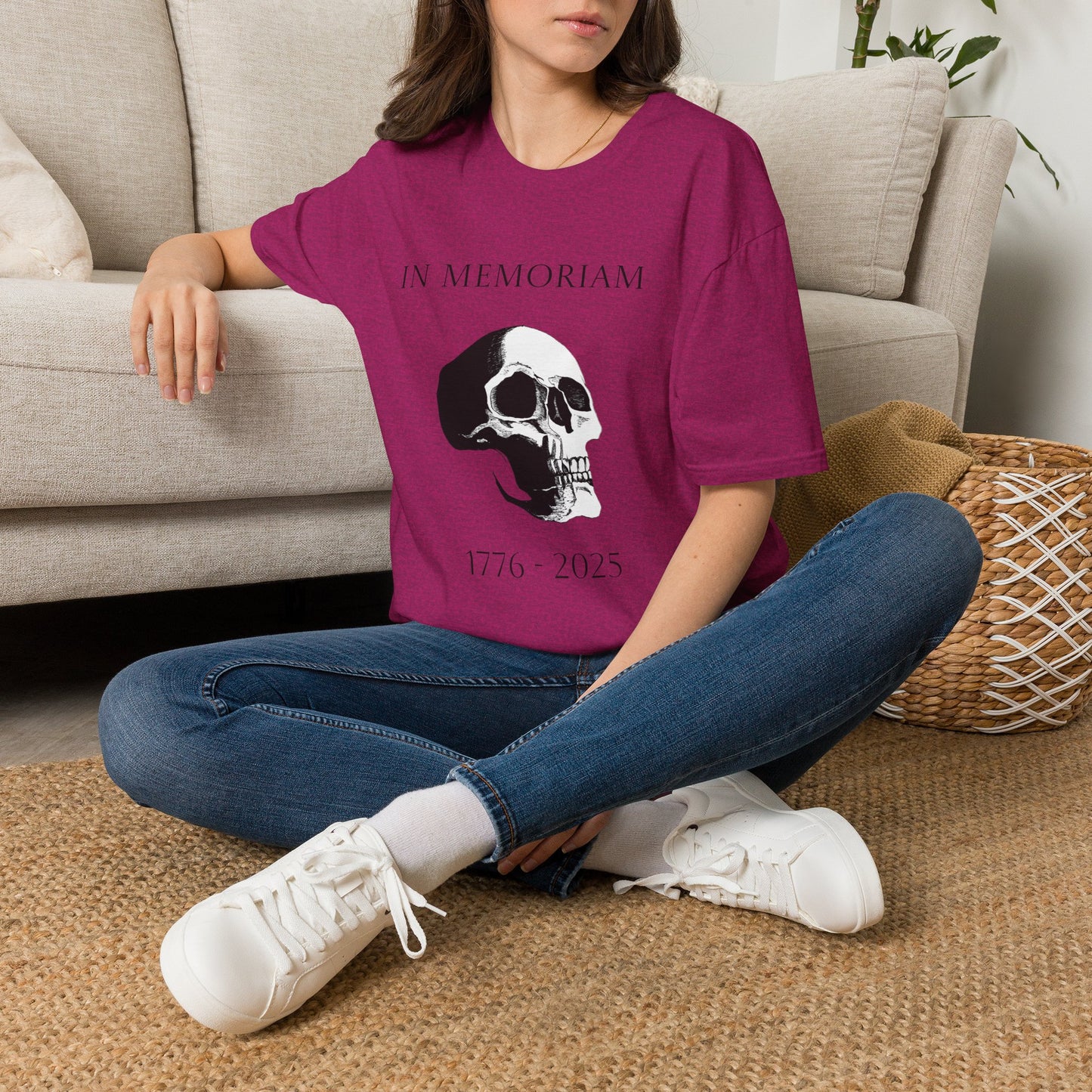 In Memoriam Skull Graphic T-Shirt, Unisex Casual Tee in Remembrance for the Death of Liberty