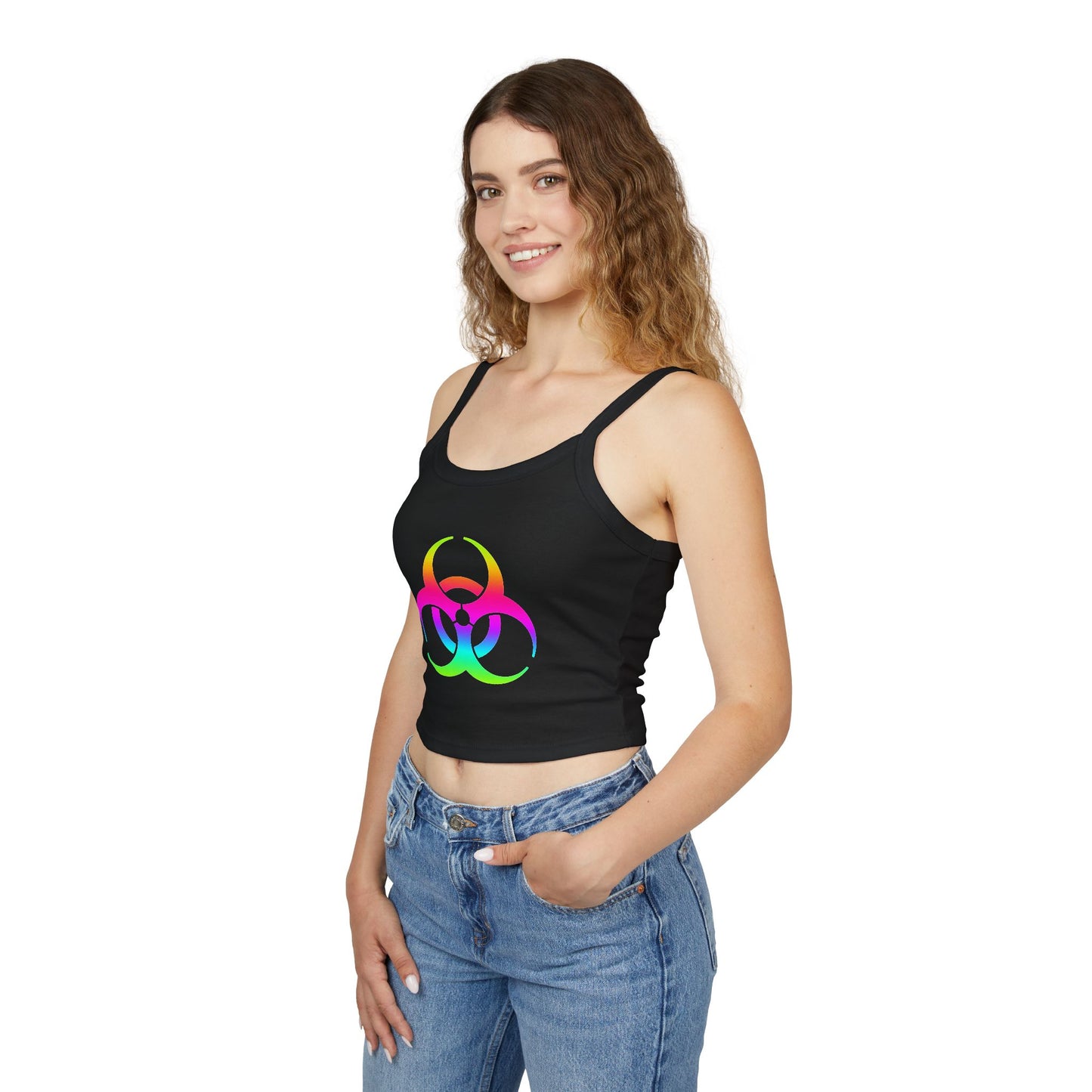 Rainbow Biohazard Crop Tank Top – Neon Hazard Symbol Spaghetti Strap