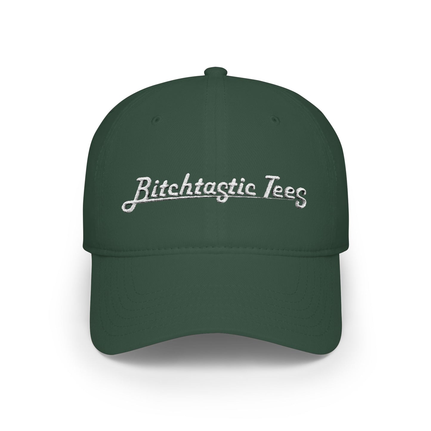 Low Profile Baseball Cap — "Bitchtastic Tees" White Script Embroidered Hat