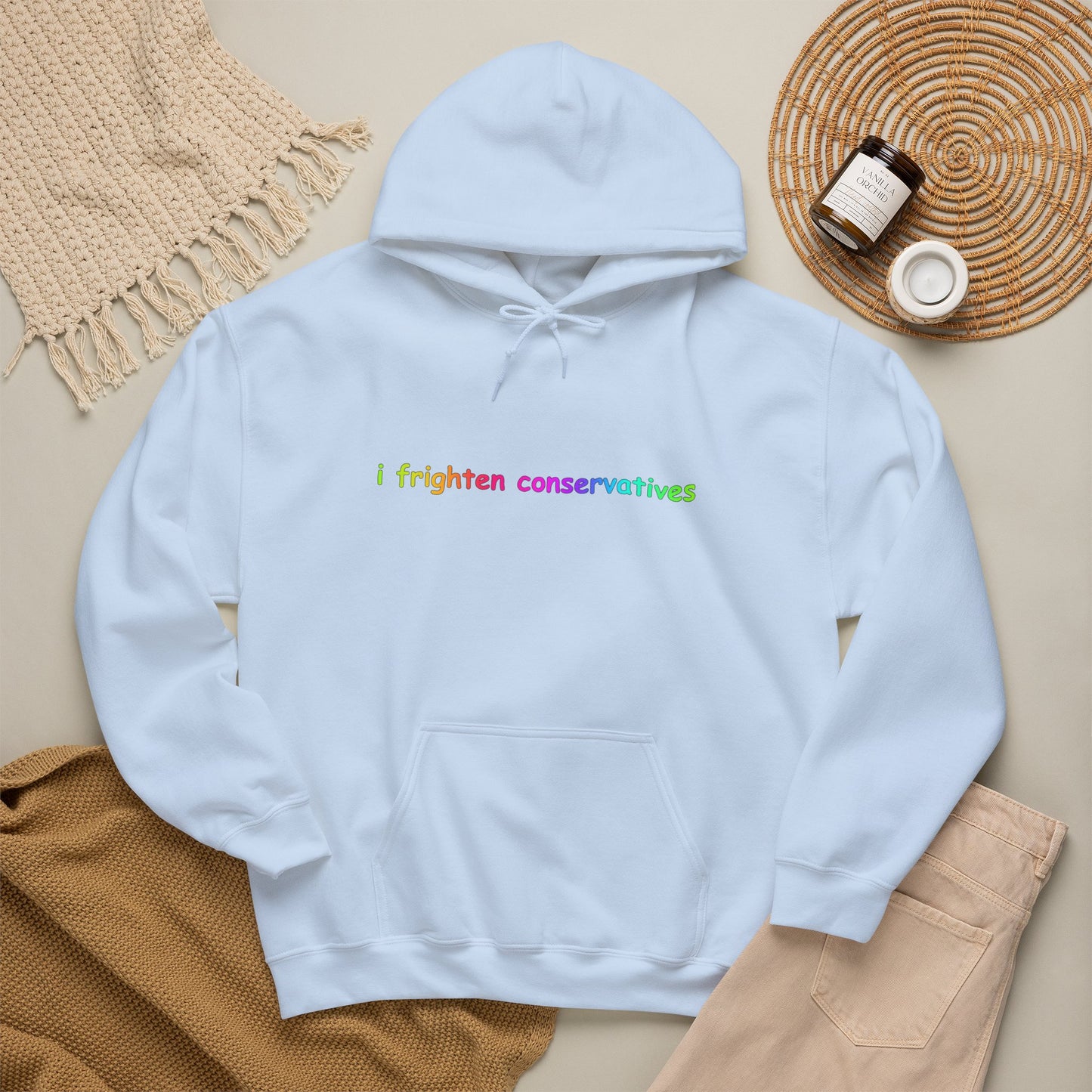 Hoodie — "I Frighten Conservatives" Rainbow Text Pullover