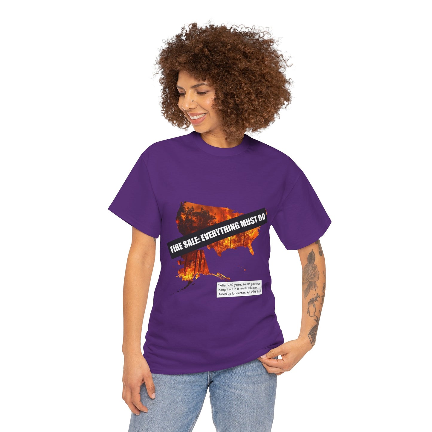 250th anniversary T-Shirt — USA on Fire Graphic Tee with “Fire Sale: Everything Must Go” Text