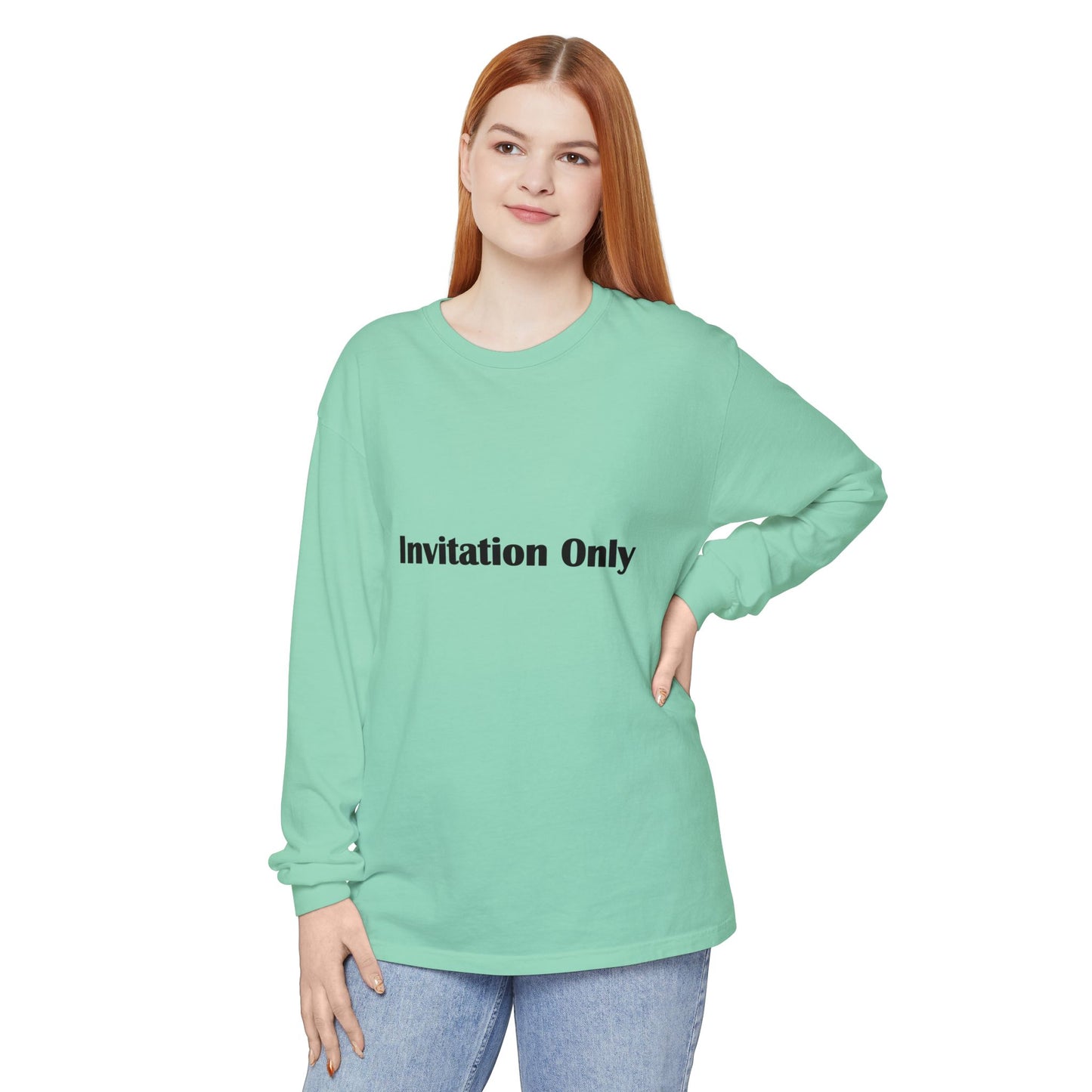 Invitation Only Long Sleeve Tee — Minimal Pink Text Graphic