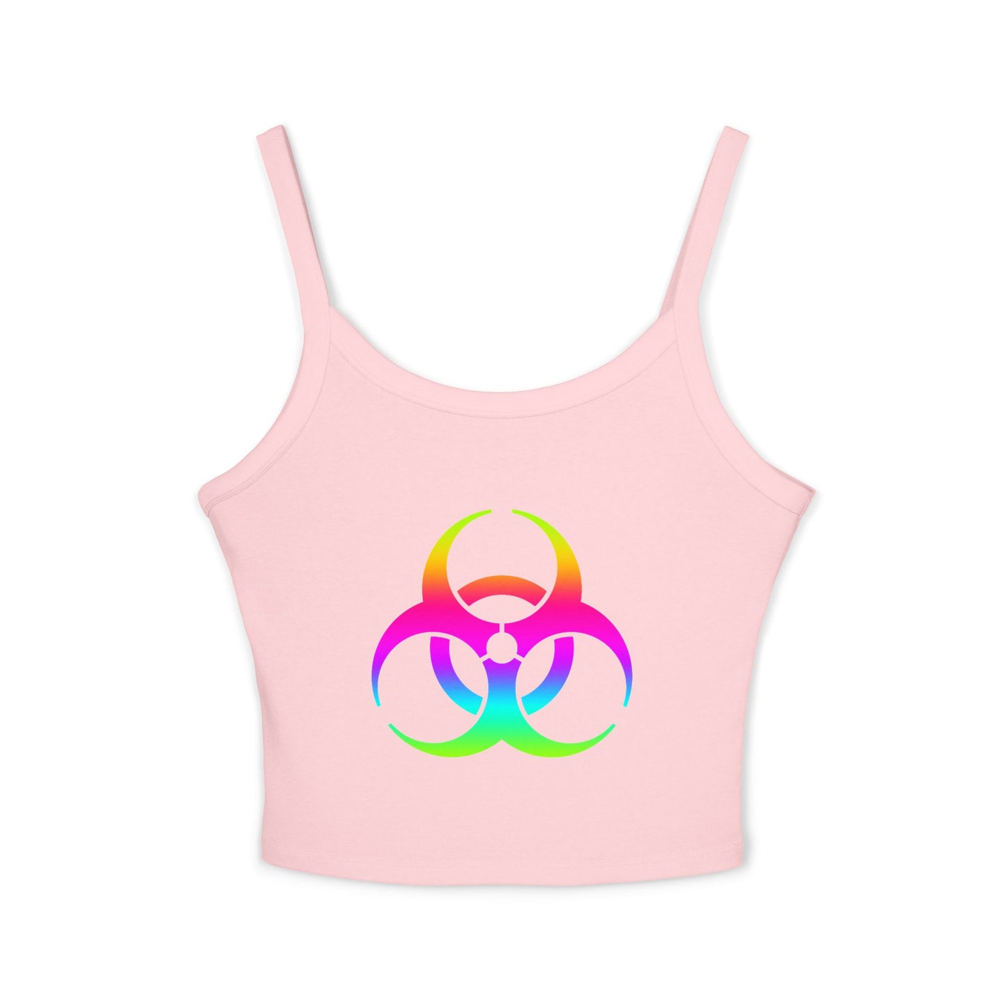Rainbow Biohazard Crop Tank Top – Neon Hazard Symbol Spaghetti Strap