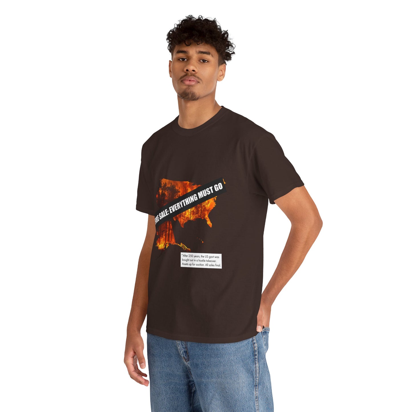 250th anniversary T-Shirt — USA on Fire Graphic Tee with “Fire Sale: Everything Must Go” Text