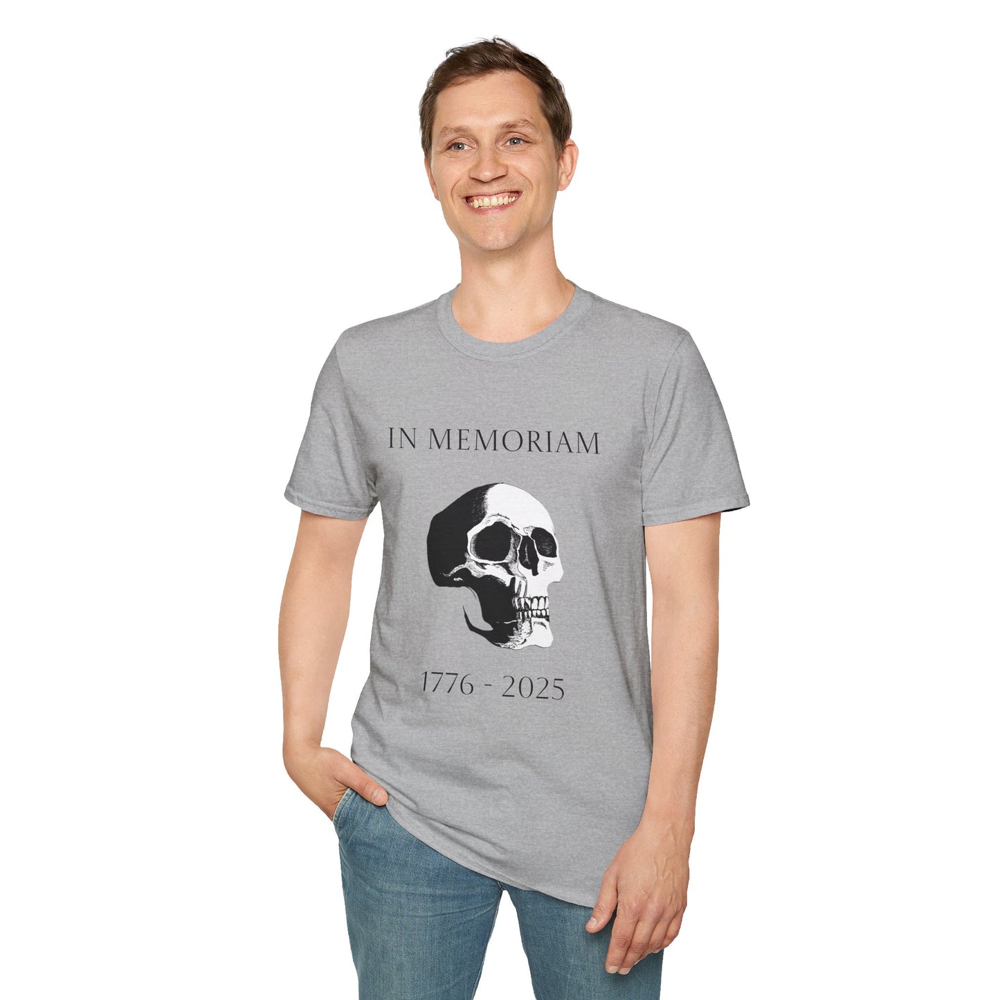 In Memoriam Skull Graphic T-Shirt, Unisex Casual Tee in Remembrance for the Death of Liberty
