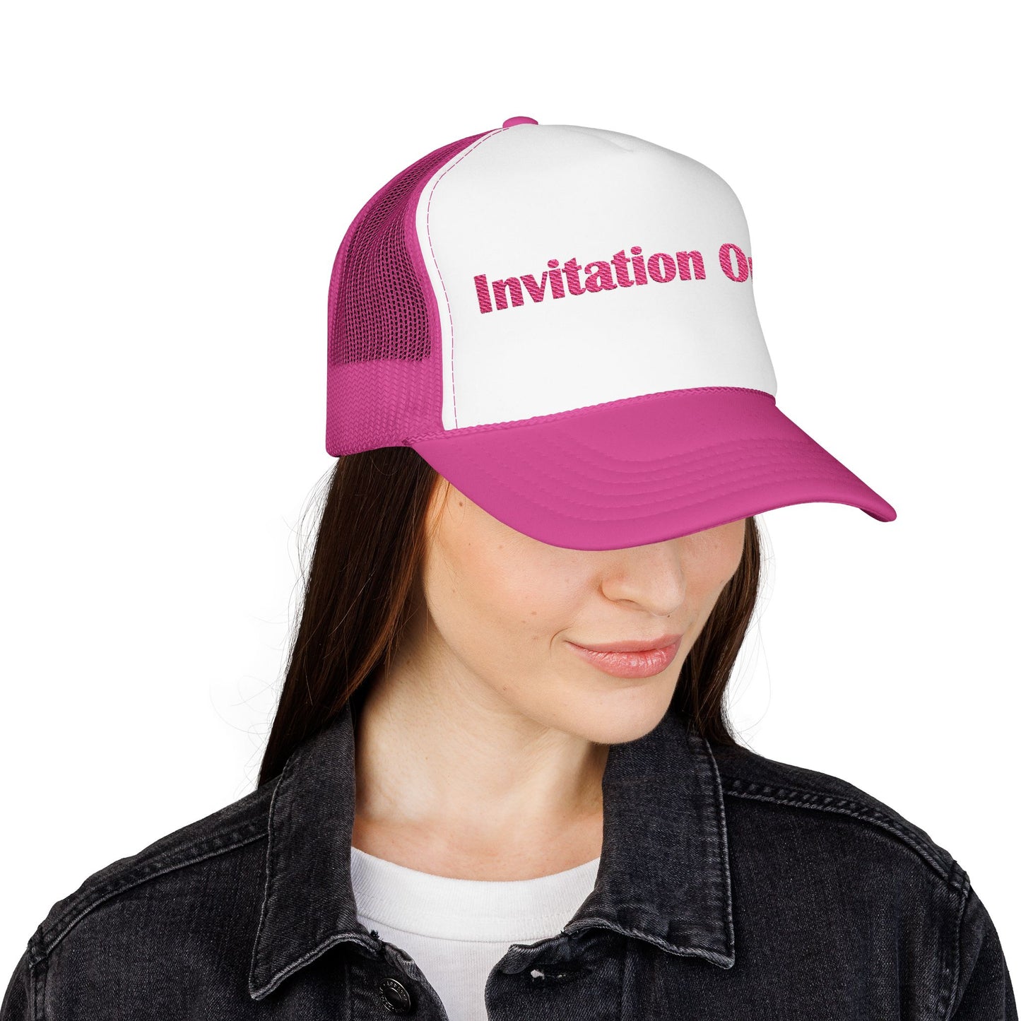 Invitation Only Trucker Hat — Pink Text Foam Cap