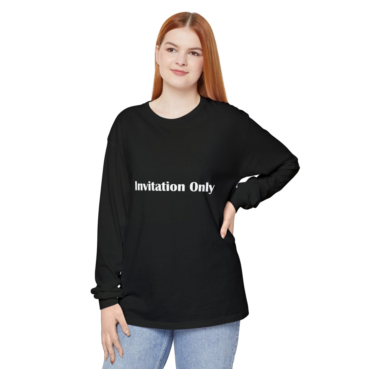 Invitation Only Long Sleeve Tee — Minimal Pink Text Graphic