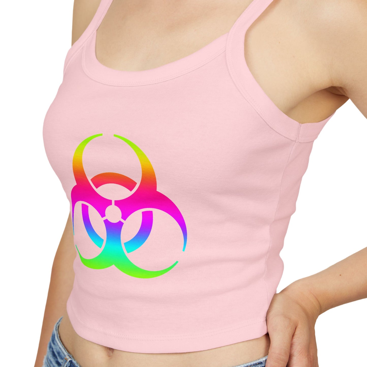 Rainbow Biohazard Crop Tank Top – Neon Hazard Symbol Spaghetti Strap