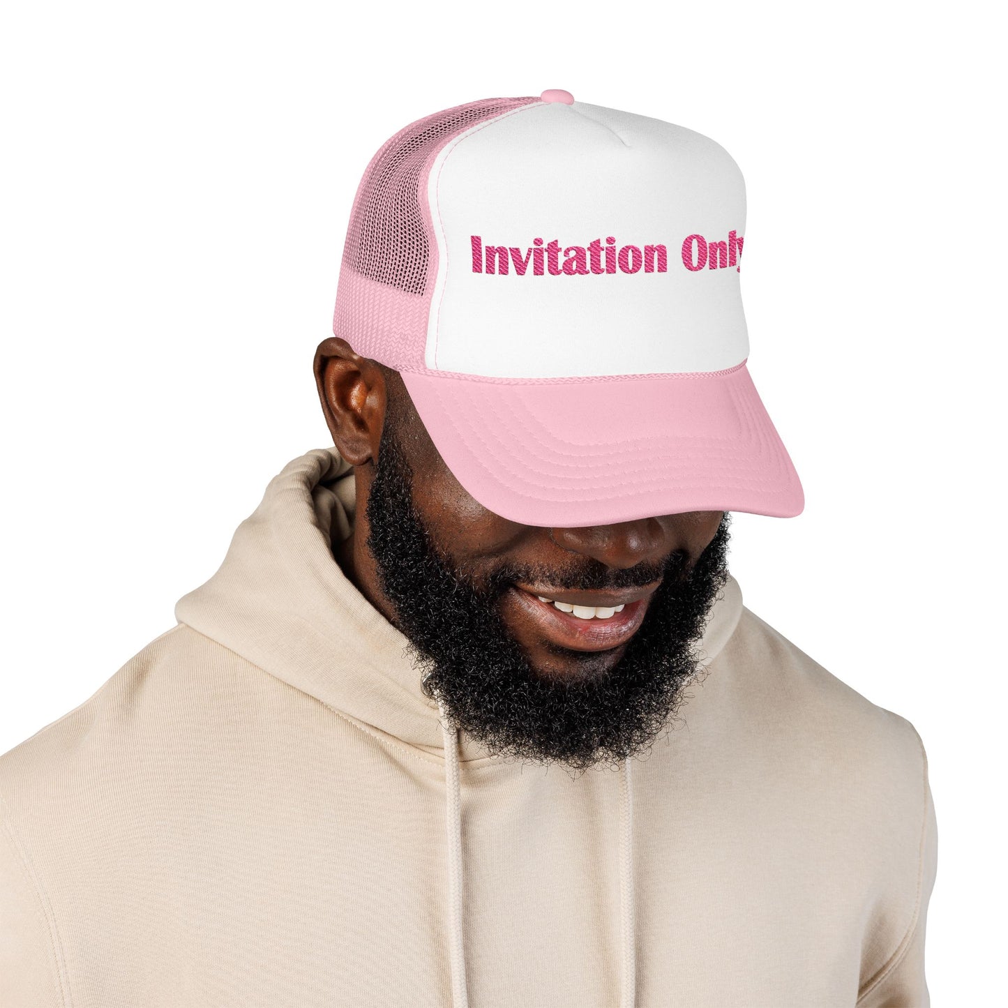 Invitation Only Trucker Hat — Pink Text Foam Cap
