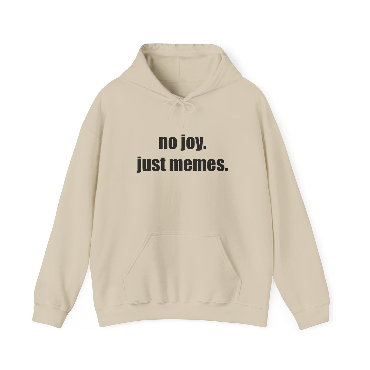 Hoodie — "no joy. just memes." Minimal Meme Text Pullover