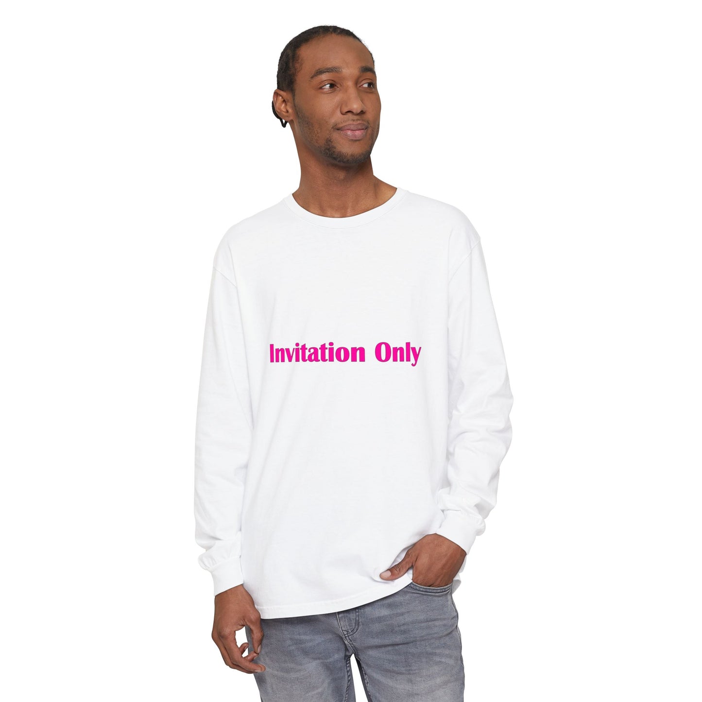Invitation Only Long Sleeve Tee — Minimal Pink Text Graphic
