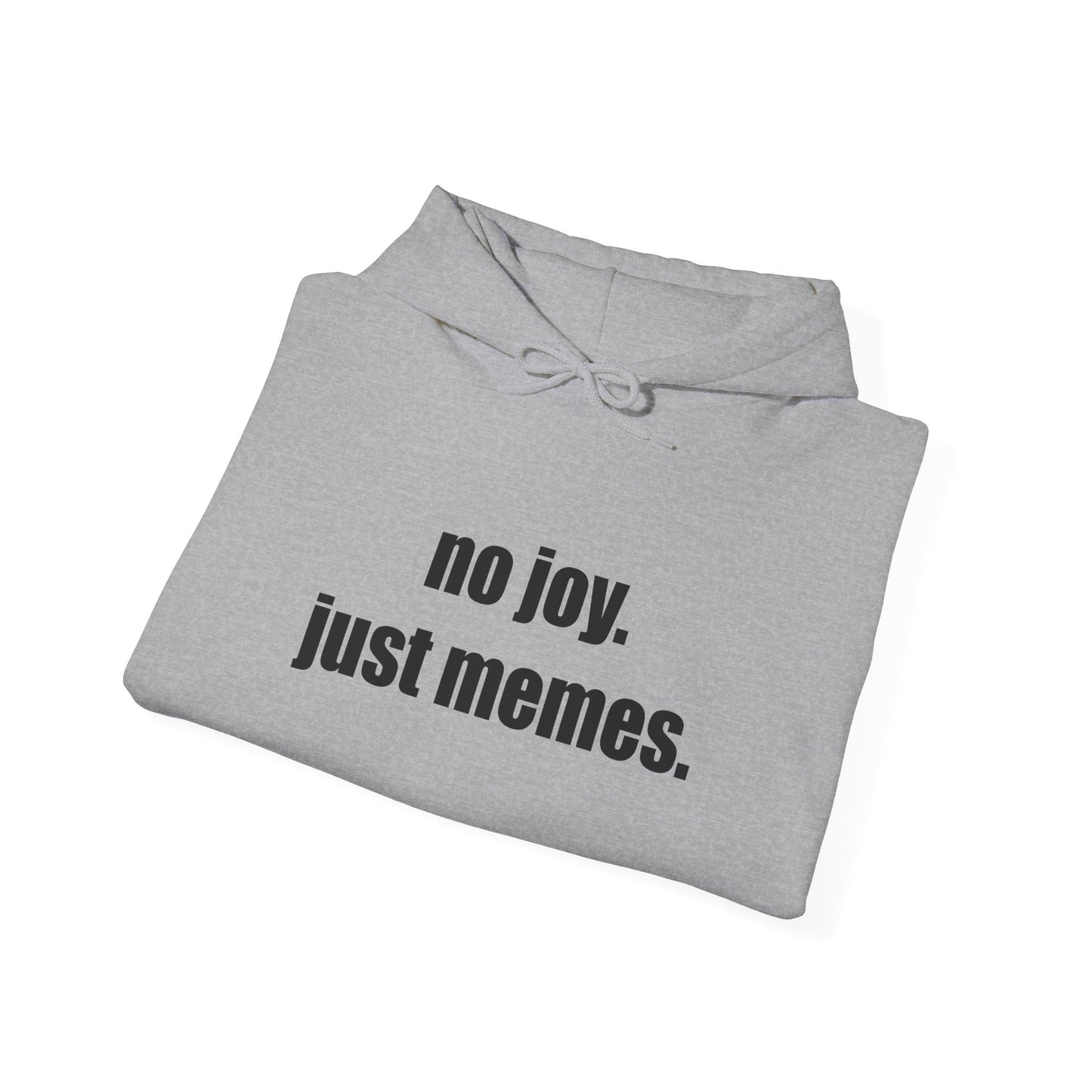 Hoodie — "no joy. just memes." Minimal Meme Text Pullover
