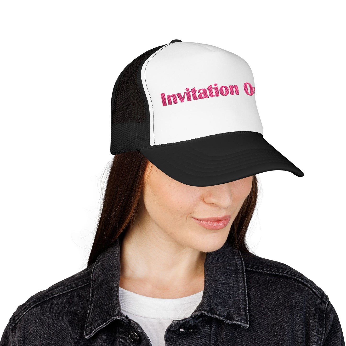 Invitation Only Trucker Hat — Pink Text Foam Cap