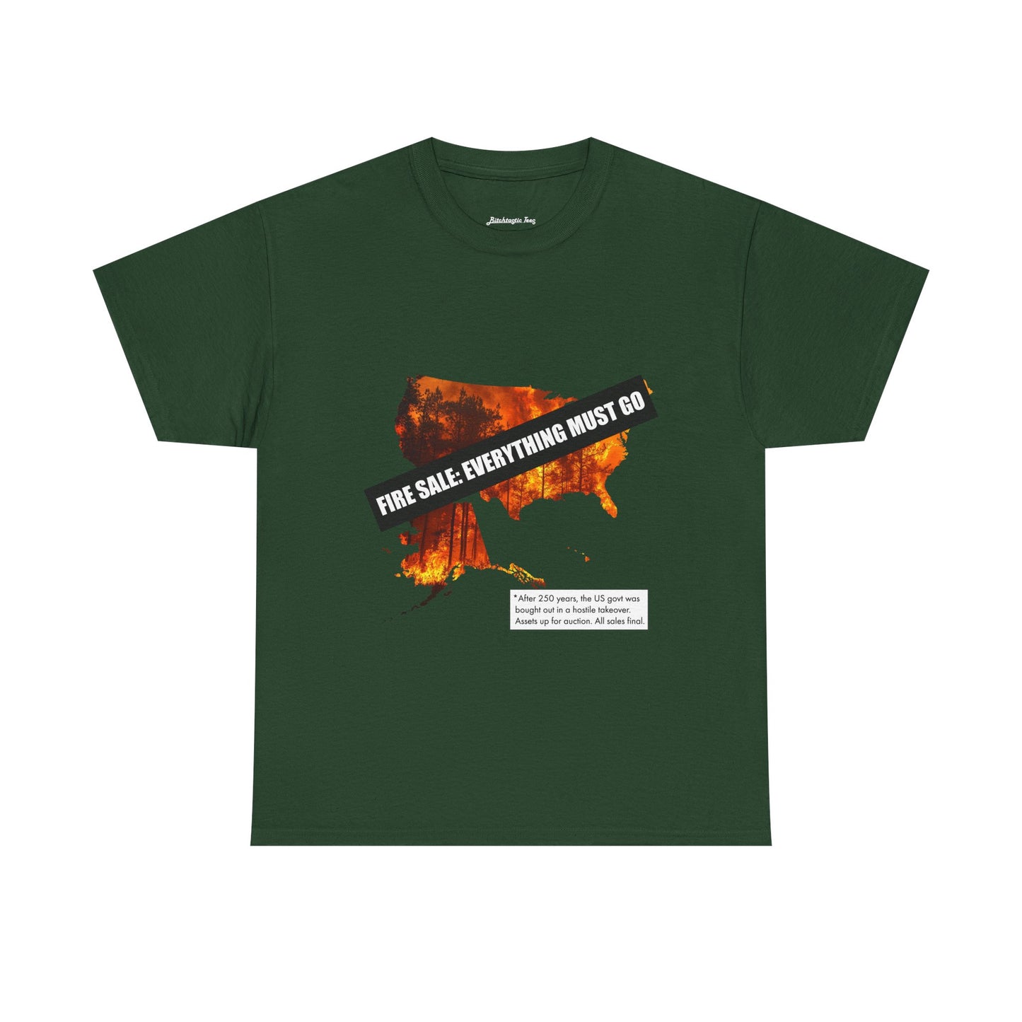 250th anniversary T-Shirt — USA on Fire Graphic Tee with “Fire Sale: Everything Must Go” Text
