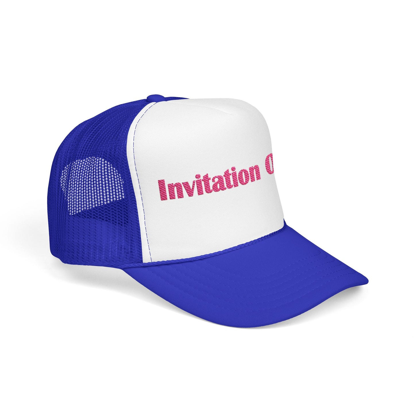 Invitation Only Trucker Hat — Pink Text Foam Cap