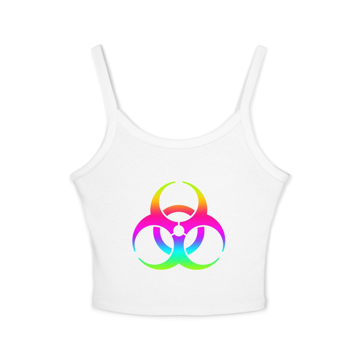 Rainbow Biohazard Crop Tank Top – Neon Hazard Symbol Spaghetti Strap
