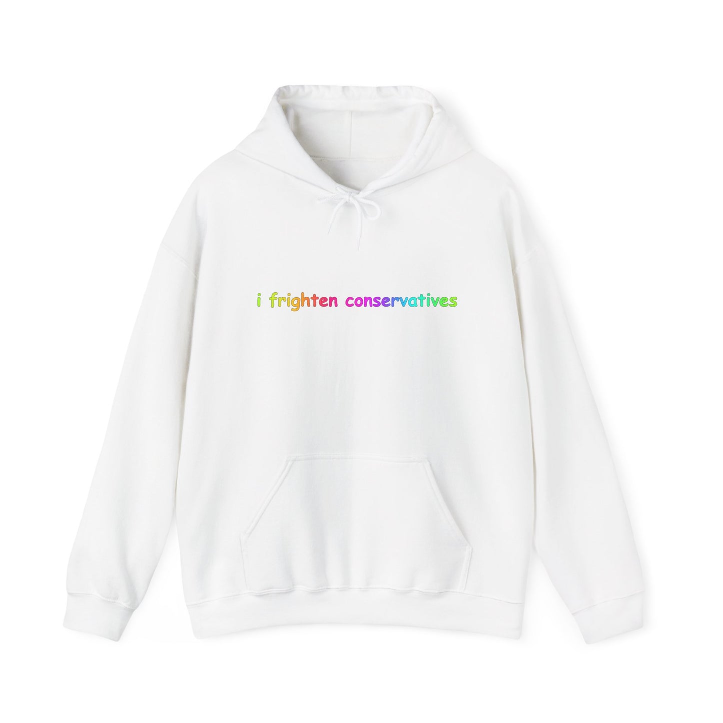 Hoodie — "I Frighten Conservatives" Rainbow Text Pullover