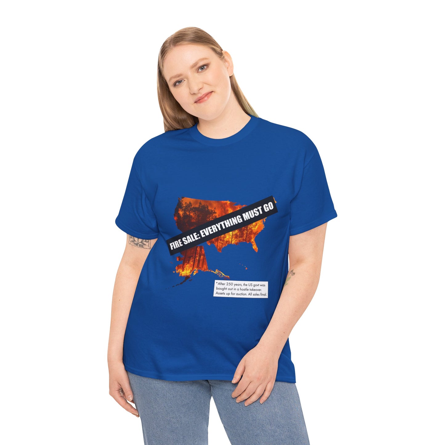 250th anniversary T-Shirt — USA on Fire Graphic Tee with “Fire Sale: Everything Must Go” Text