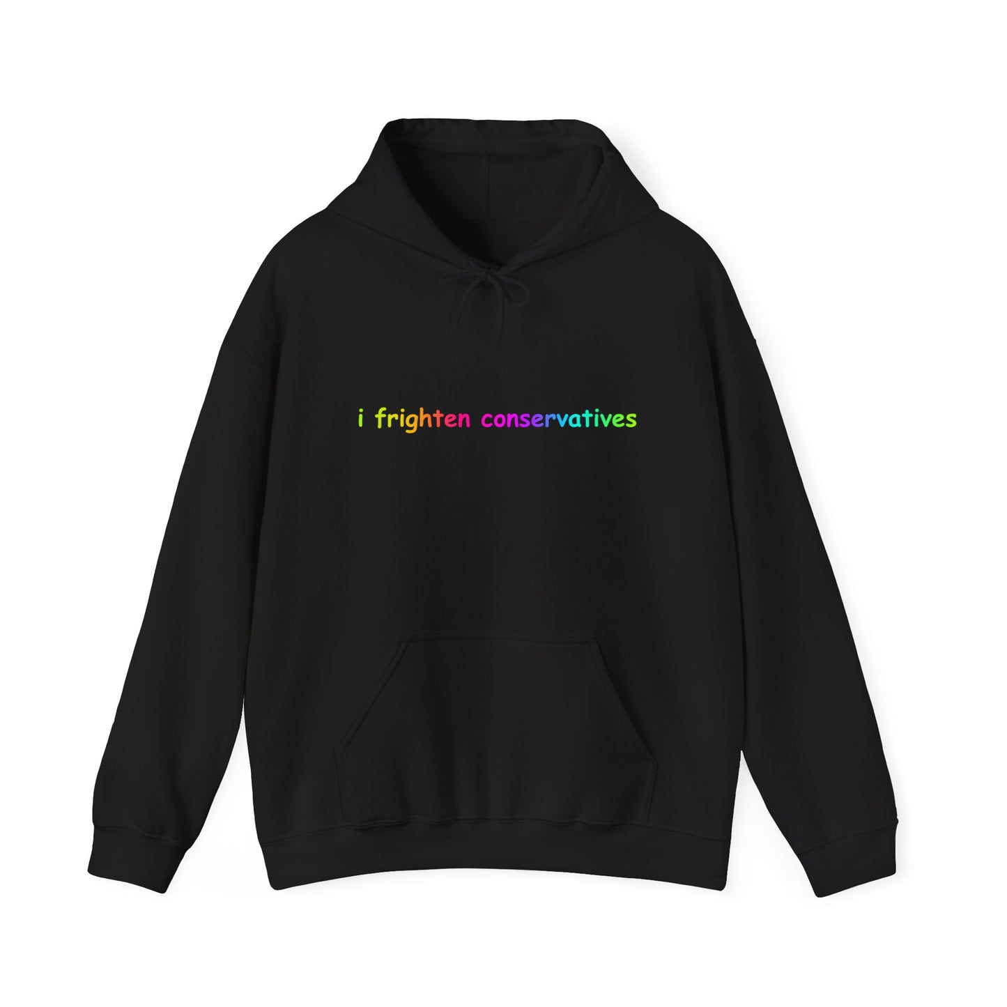 Hoodie — "I Frighten Conservatives" Rainbow Text Pullover