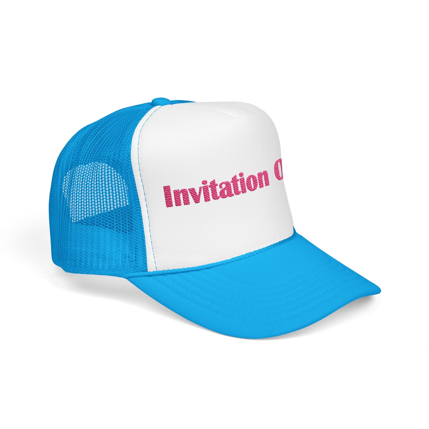Invitation Only Trucker Hat — Pink Text Foam Cap