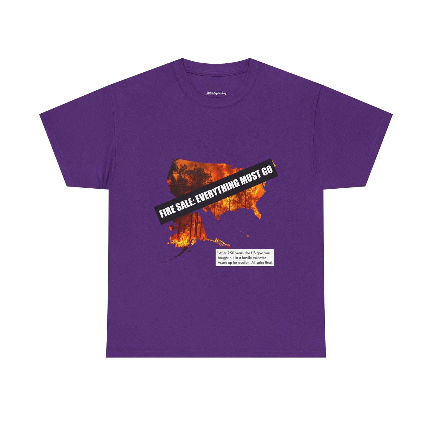 250th anniversary T-Shirt — USA on Fire Graphic Tee with “Fire Sale: Everything Must Go” Text