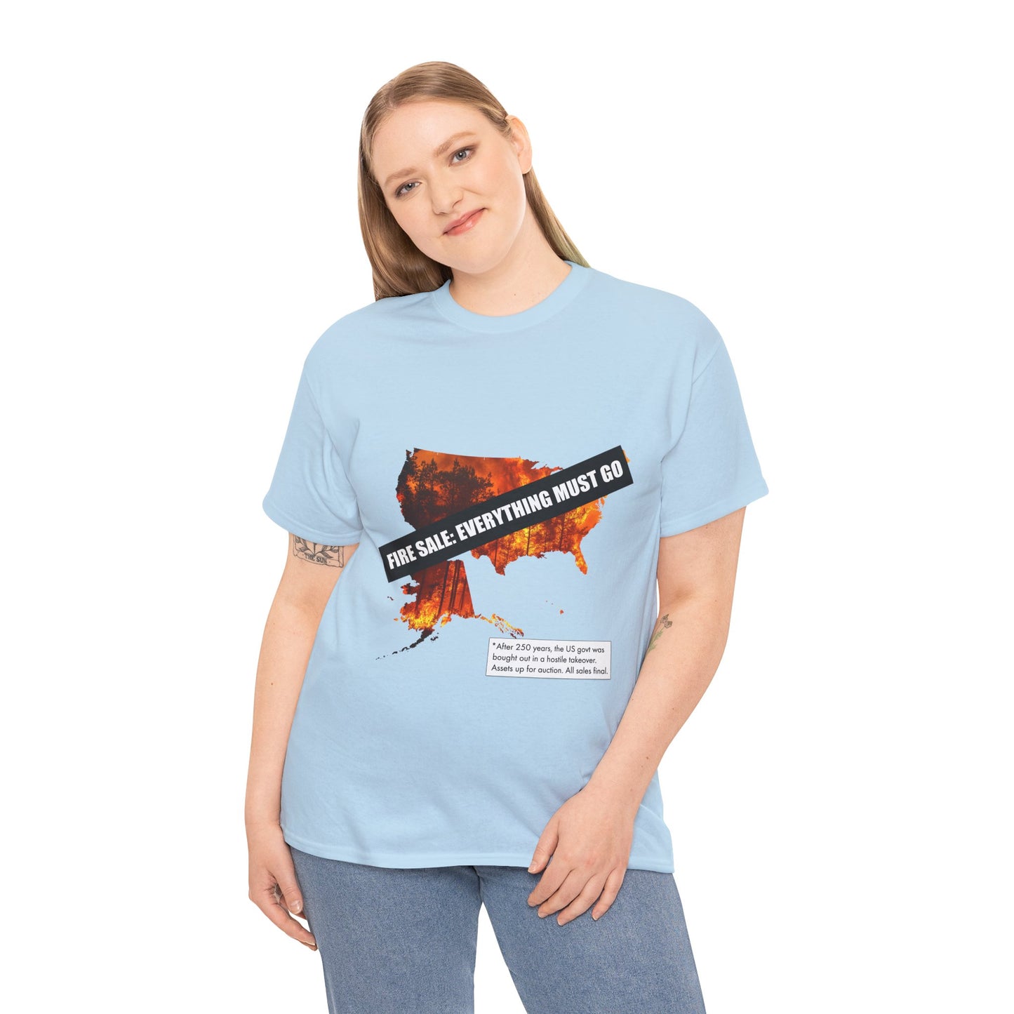 250th anniversary T-Shirt — USA on Fire Graphic Tee with “Fire Sale: Everything Must Go” Text