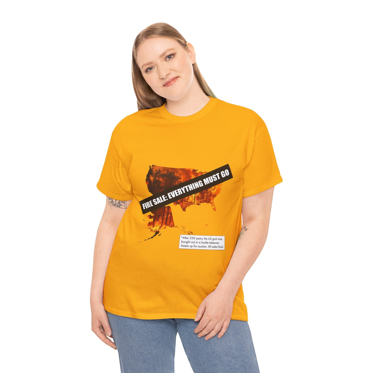 250th anniversary T-Shirt — USA on Fire Graphic Tee with “Fire Sale: Everything Must Go” Text