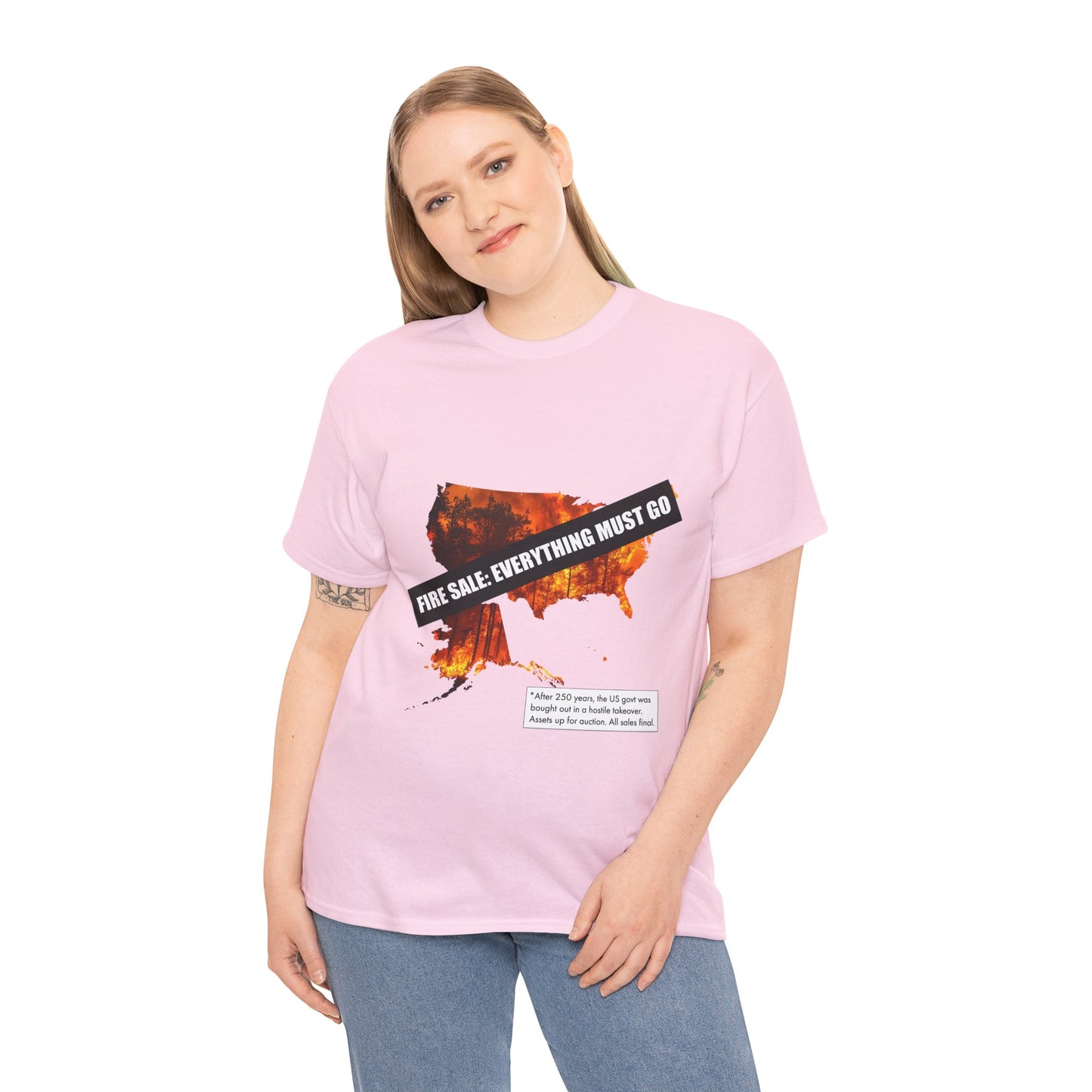 250th anniversary T-Shirt — USA on Fire Graphic Tee with “Fire Sale: Everything Must Go” Text