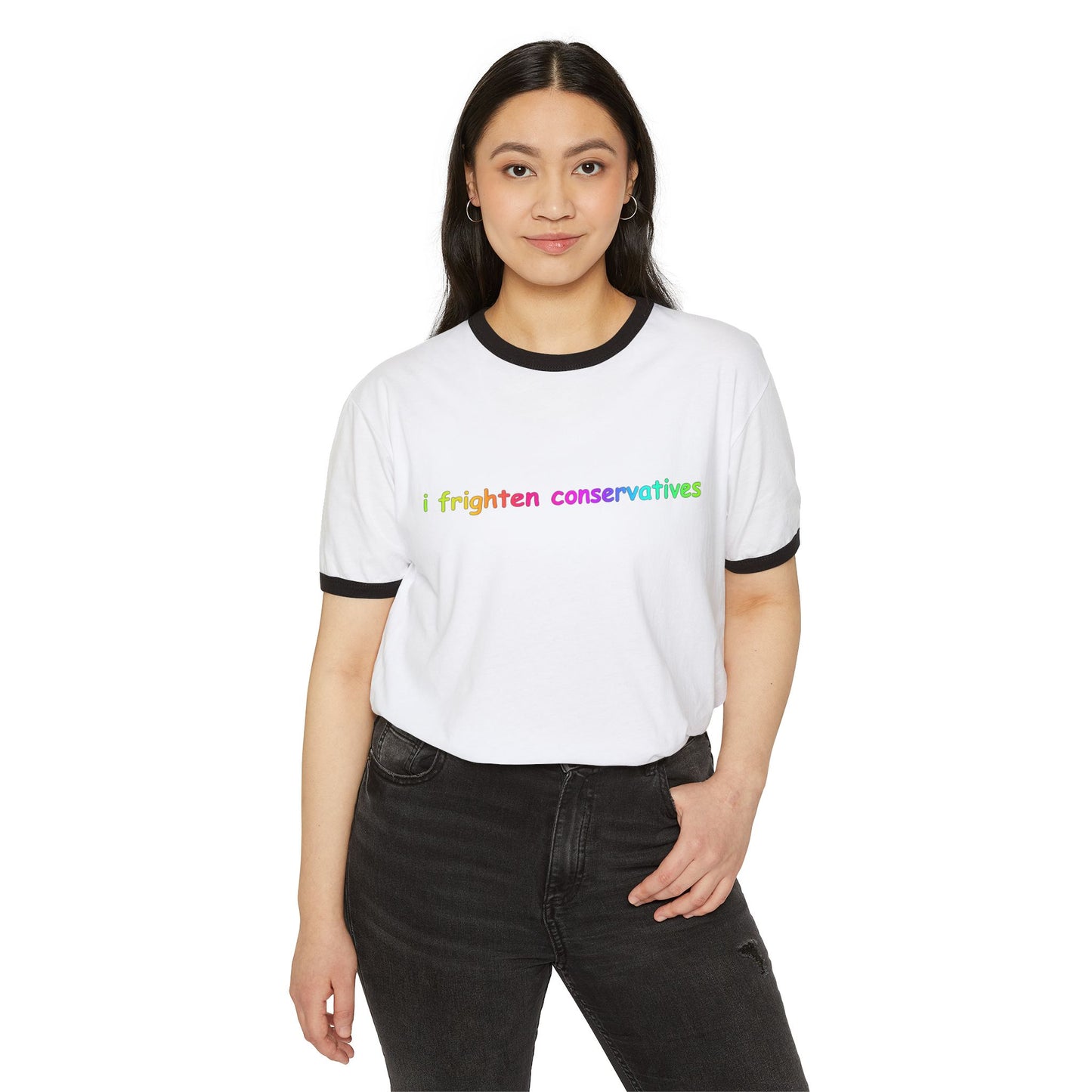 I Frighten Conservatives Ringer T‑Shirt — Rainbow Political Statement Tee