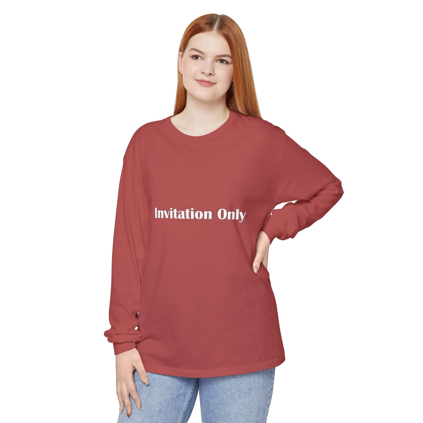 Invitation Only Long Sleeve Tee — Minimal Pink Text Graphic